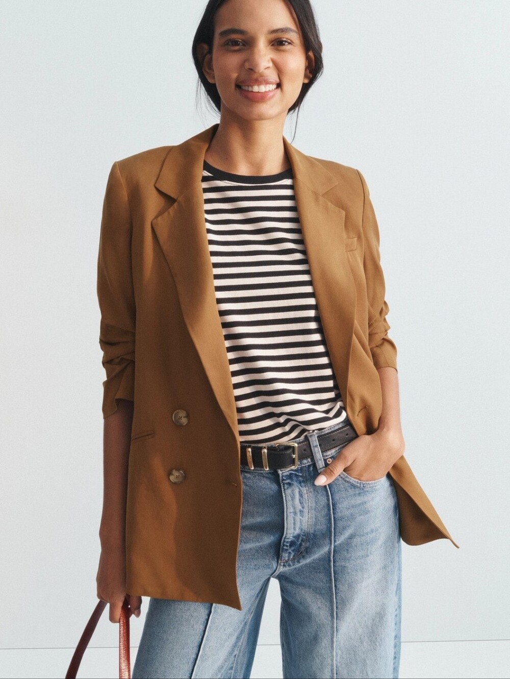 Veronica Beard Camel Blazer with Double-Breasted Detail